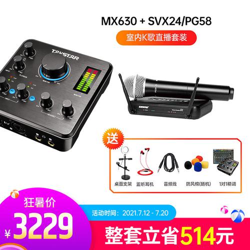 得胜MX630声卡搭配舒尔BLX24/PG58手持麦克风 室内K歌直播套装（无线版）